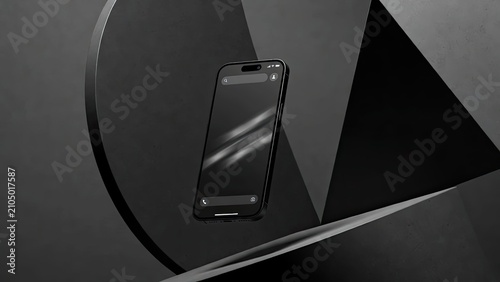 Minimalist black smartphone design with geometric shapes in a modern abstract composition