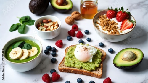 Healthy breakfast spread featuring avocado toast smoothie bowl and fresh fruits for a nourishing morning meal