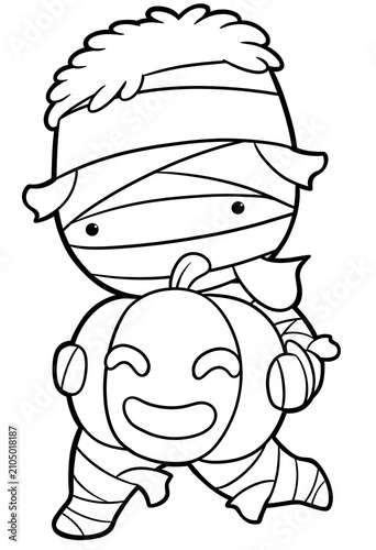 Adorable little mummy carrying heavy pumpkin coloring book page, halloween outline