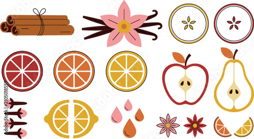 Obraz na płótnie Autumn Mulled Wine Spices and Winter Fruit Vector Icon Set with Cinnamon, Vanill