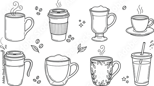 Foto Coffee cups mugs set takeout cafe hot drinks beverage morning breakfast outline