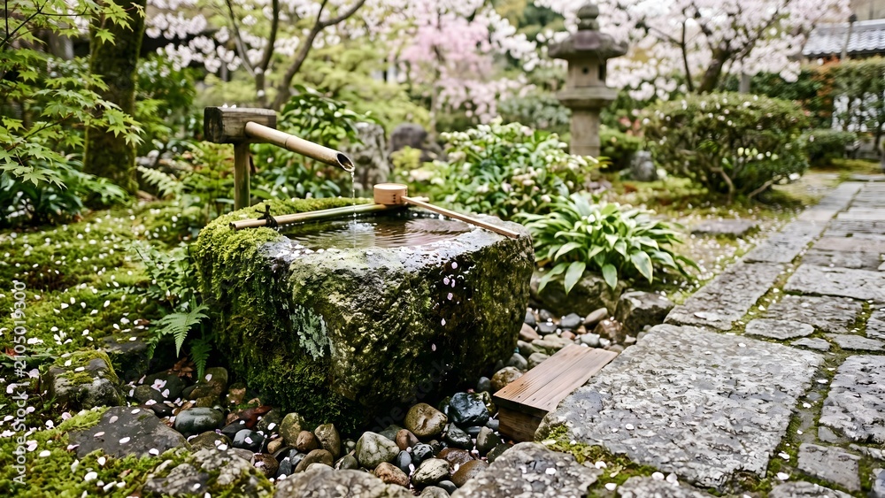 Obraz premium Traditional Japanese Stone Tsukubai Water Basin with Cherry Blossoms in Spring Garden