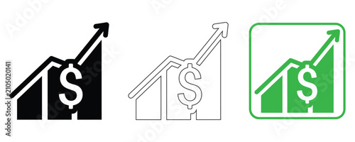 Real estate investment growth icons house value increase with dollar sign symbolizing financial gains