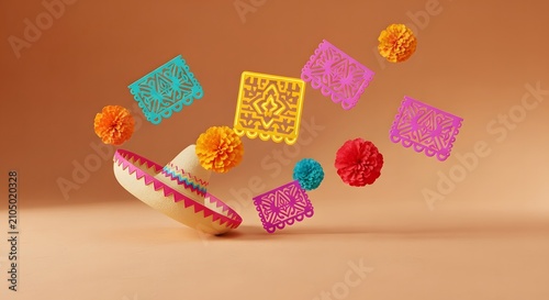 Colorful Mexican papel picado and festive decorations floating in the air.