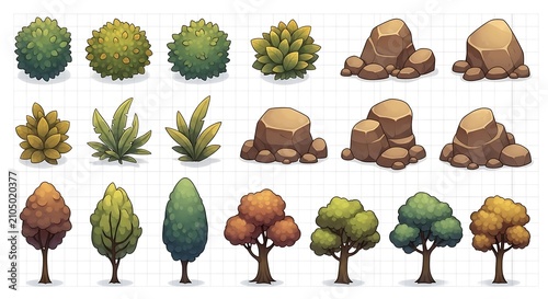 Set of cartoon trees bushes and rocks for game design elements