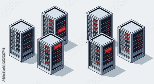 Isometric illustration of multiple server racks in a data center.