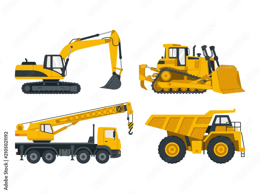 Obraz premium Set of four yellow construction vehicles including excavator bulldozer crane and dump truck.
