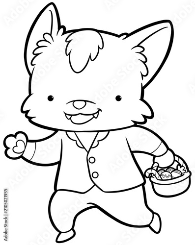 Cute little werewolf boy holding trick or treat candy basket coloring book page