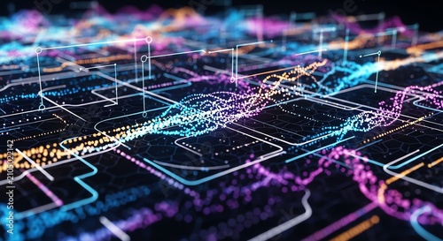 Digital data network with glowing light streams