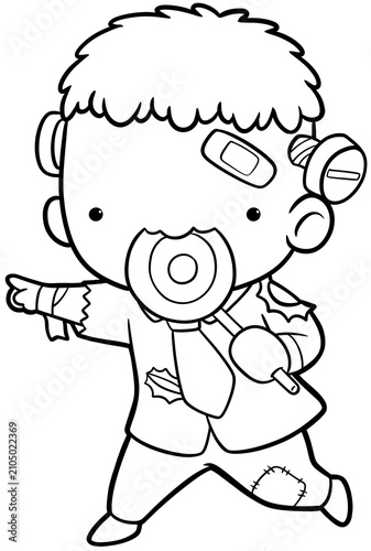Frankenstein boy pointing hand and eating lollipop coloring page, halloween outline