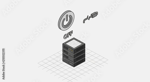 Isometric server stack with cloud icons and data flow.