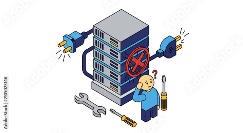 Isometric illustration of a confused robot fixing a server rack.