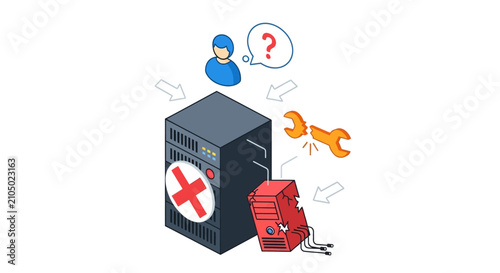 Flat design illustration of server error with question mark and fox.