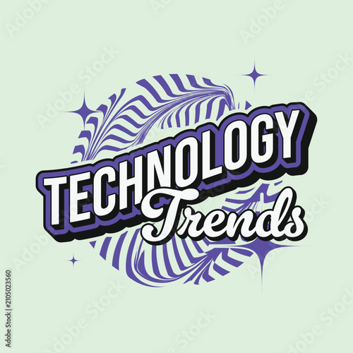 White Vintage Style Typography Banner of 'Technology Trends' in Purple Bold Outlines and Abstract Circling Trails at Behind on Light Cyan Backdrop