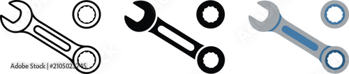 Konstfotografi Combination Wrench Icon Set – Outline, Glyph, and Flat Spanner Tool for Mechanic
