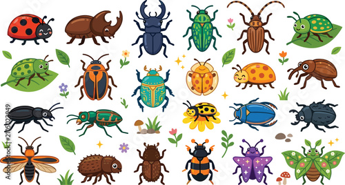 Colorful Cartoon Bugs and Beetles Vector Set featuring Cute Insects Ladybugs Longhorn Beetles and Nature Elements for Kids Education Graphic Designs and Patterns
