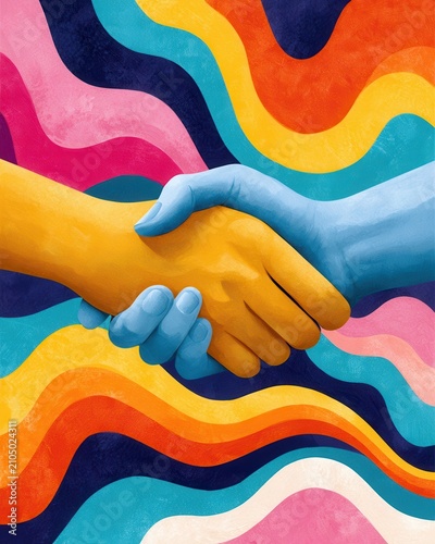 Colorful painterly handshake representing cooperation, unity, partnership and diversity in abstract art