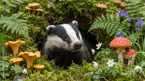 Wildlife Story Collection, Badger Peeking from Woodland Den Amidst Fungi