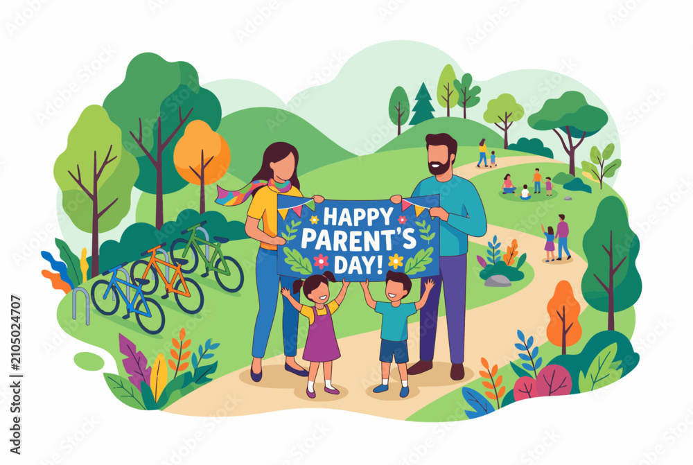 Fototapeta premium Cheerful family holding a Parents Day banner in a sunny park
