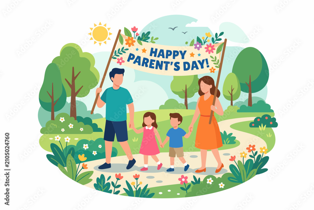 Naklejka premium Happy family holding a banner for Parents Day in a sunny park