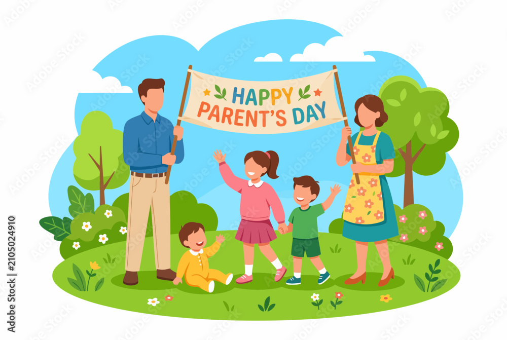 Naklejka premium Happy Family Celebrating Parents Day with Banner in Sunny Park
