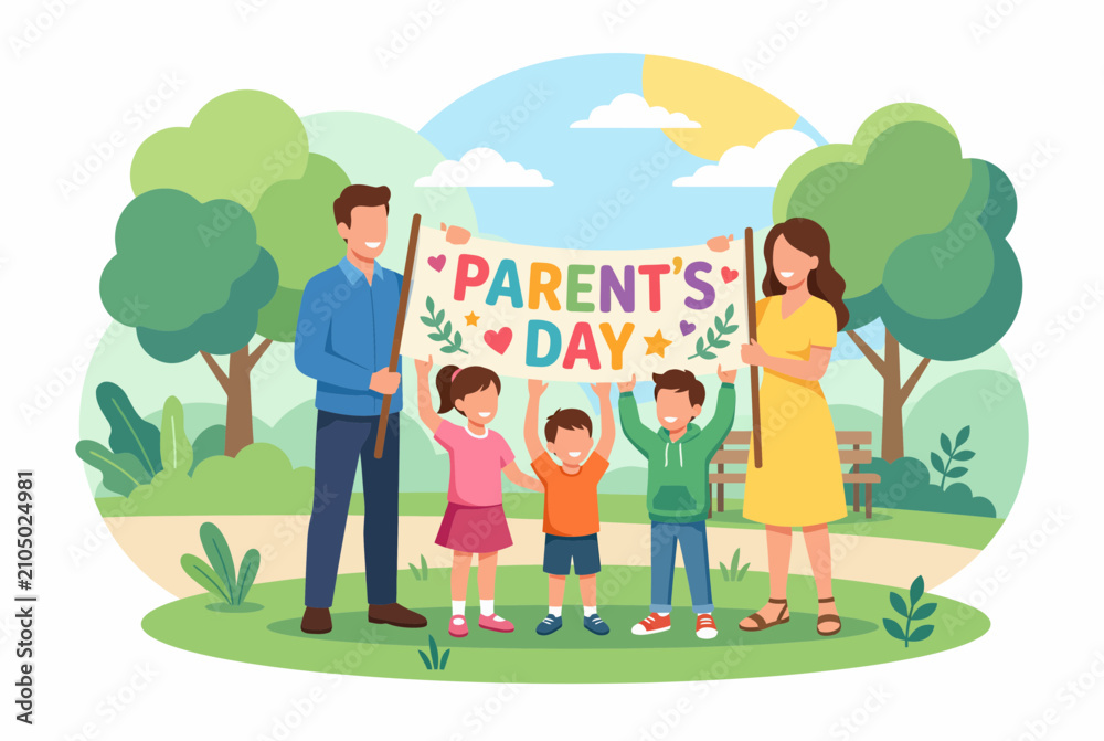 Naklejka premium Happy Family Holding Parents Day Banner in Sunny Park Illustration