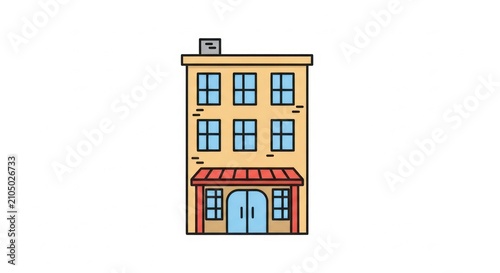 Yellow city building with red awning and flat roof