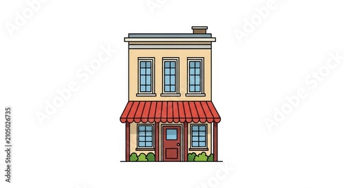 Charming tan two story shop with red awning and greenery