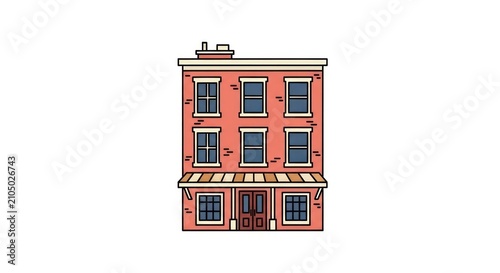 Red brick three story apartment building with awning