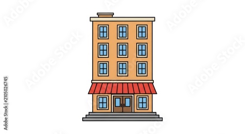 Peach colored four story building with striped red awning