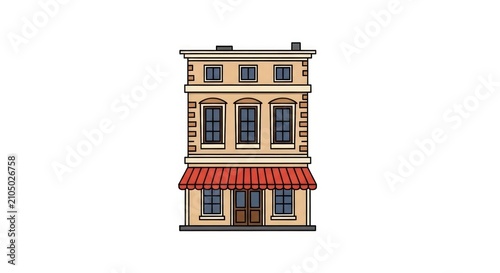 Three story town building with red striped shop awning