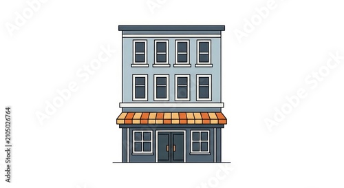 Blue storefront building with an orange striped awning