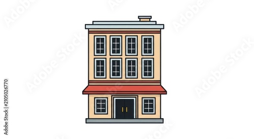 Tan shop building with solid red awning and dark doors