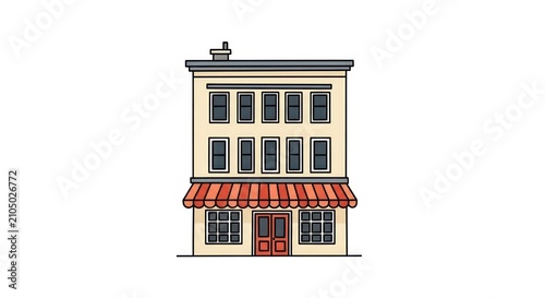 Three story cream building with scalloped red awning