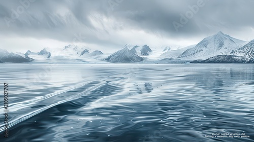 Glacier water ripples in the foreground with snow-capped mountain ranges visible on the horizon.