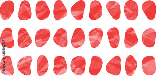 A collection of organic shaped red crumpled paper stickers on white background