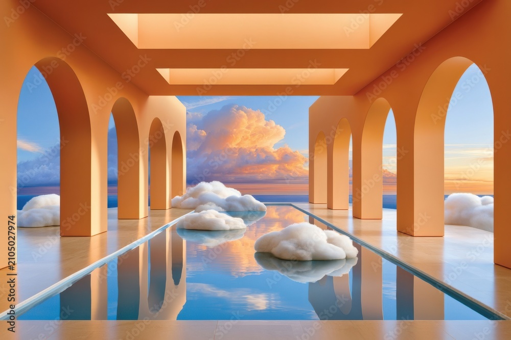 Obraz premium Surreal sunlight-filled arcade with arches and reflective pool dotted with floating clouds at sunset
