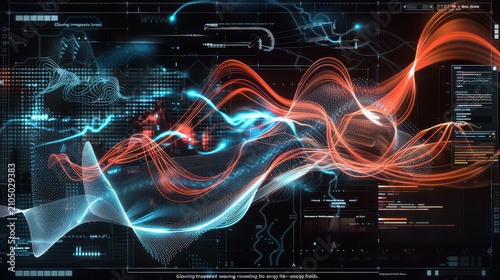 Digital interface displays complex data streams with glowing orange and blue energetic waveforms.