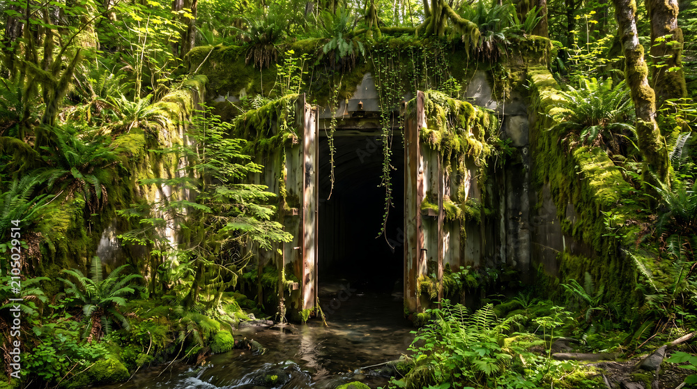 Obraz premium Mystical Ancient Temple Ruins Reclaimed by Lush Green Forest Vegetation and Mossy Ferns