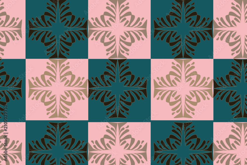 Naklejka premium Floral medallions alternate in a pink and teal checkerboard layout for a bold quilt-style print. Perfect for fabric and home decor.