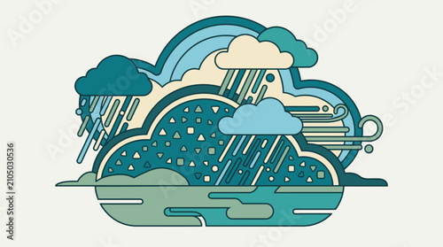 Illustrazione stilizzata di diverse condizioni meteorologiche, tra cui pioggia, grandine, arcobaleno e vento, in un design piatto.