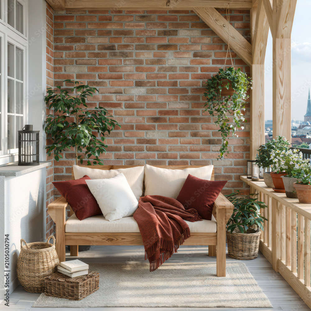 Obraz premium Cozy wooden balcony with beige sofa, red pillows, blanket, potted plants, hanging greenery, wicker baskets, and city view creates relaxing retreat