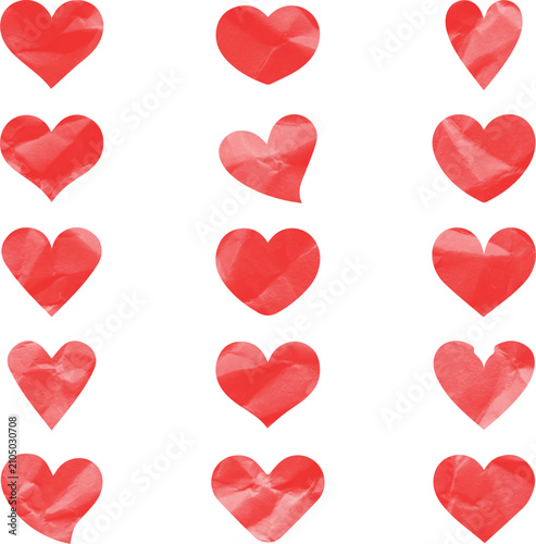 A collection of fifteen red crumpled paper hearts arranged on white background