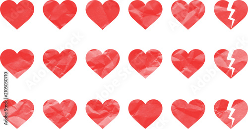 Set of eighteen red textured paper heart shapes isolated on white background