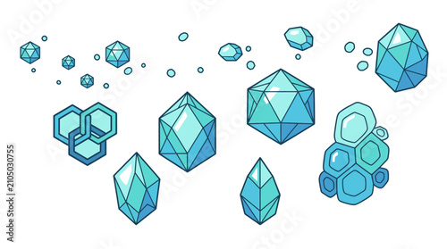 Eine Sammlung von stilisierten blauen Kristallen und geometrischen Edelsteinen in verschiedenen Formen und Größen auf einem sauberen weißen Hintergrund für grafische Designs.