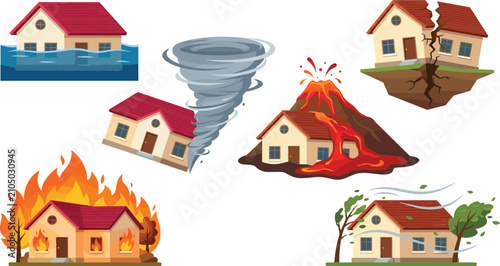 Tableau sur toile Set of cartoon natural disasters destroying houses featuring flood, wildfire, to