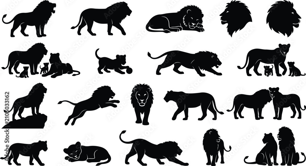 Obraz premium Collection of black lion silhouettes featuring various poses like jumping, sitting, and walking isolated on a white background for