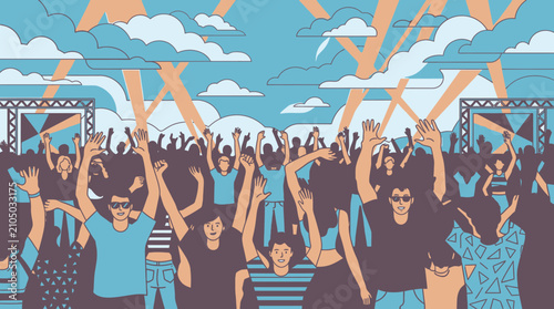 Uma ilustração vetorial vibrante de uma multidão animada em um festival de música ao ar livre com pessoas dançando, braços levantados e iluminação de palco sob um céu azul com nuvens.