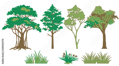 Conjunto de ilustrações vetoriais planas representando diferentes tipos de árvores e arbustos de grama isolados em um fundo branco para design gráfico e paisagismo.