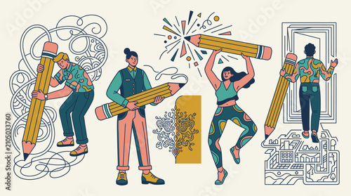 Kreative Menschen mit riesigen Bleistiften, die Kunst und Ideen erschaffen, Illustration im flachen Stil